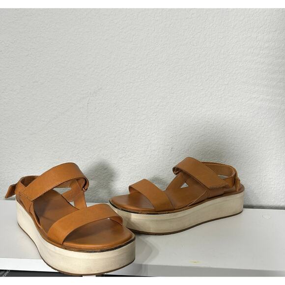 Everlane The Leather Platform Sandal Golden Brown Tan Ankle Strap White Velcro 8 - Picture 5 of 12